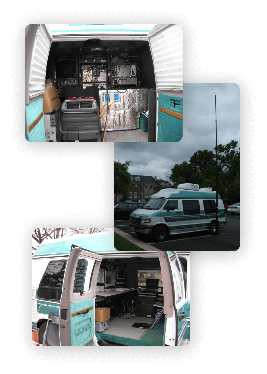 3 images. Each showing the mobile RF recording setup in a white van.